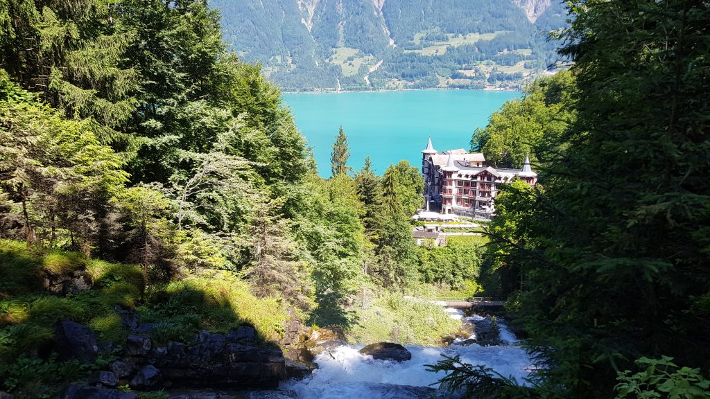 Looking back down the waterfall towards the Grandhotel Giessbach
