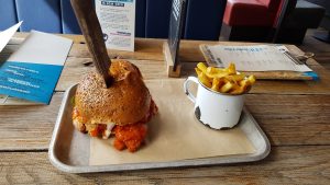 Buffalo Chicken burger and a side of fries