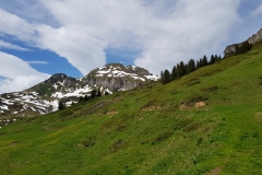 The grassy trail towards Alp Mädens, with snow capped mountains in the background.